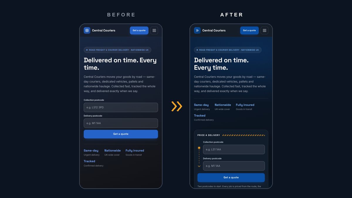 The homepage at phone width, before and after. Before: a window-pane brand icon, the headline breaking as Delivered on time. Every, with time. alone on the next line, and plain postcode fields. After: a chevron brand icon, the headline breaking cleanly between its two sentences, and the Price a delivery panel with its amber route line
