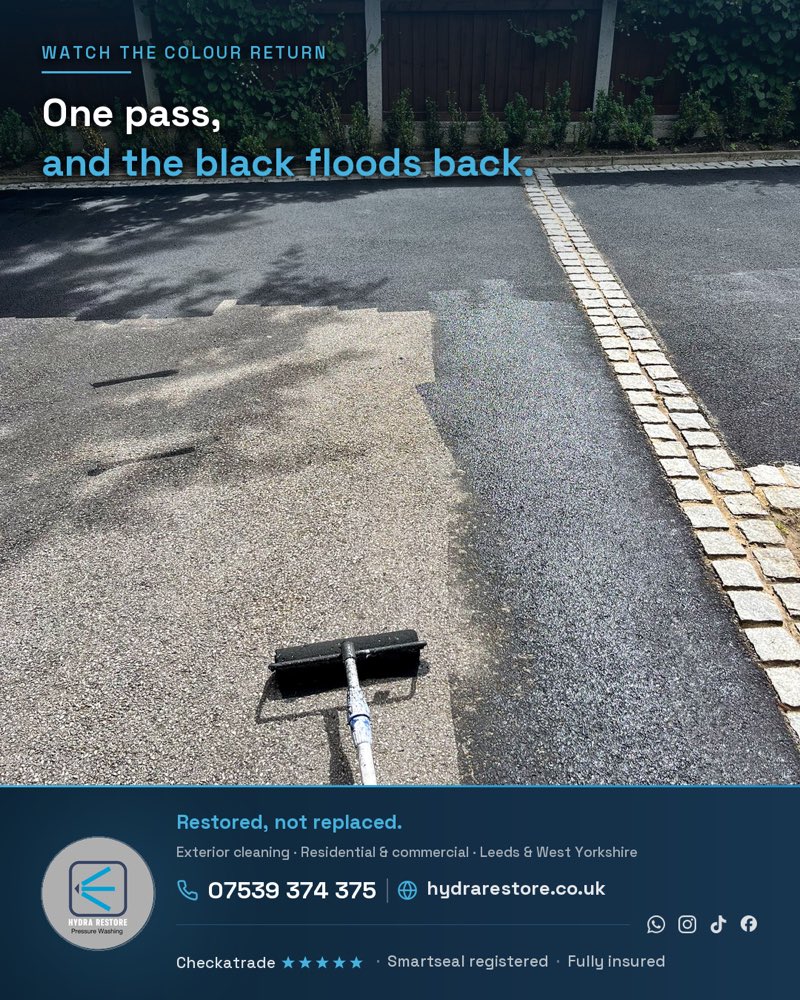 A branded in-progress graphic showing the squeegee laying deep black over faded grey mid-restoration, the moment that travels best on short video.